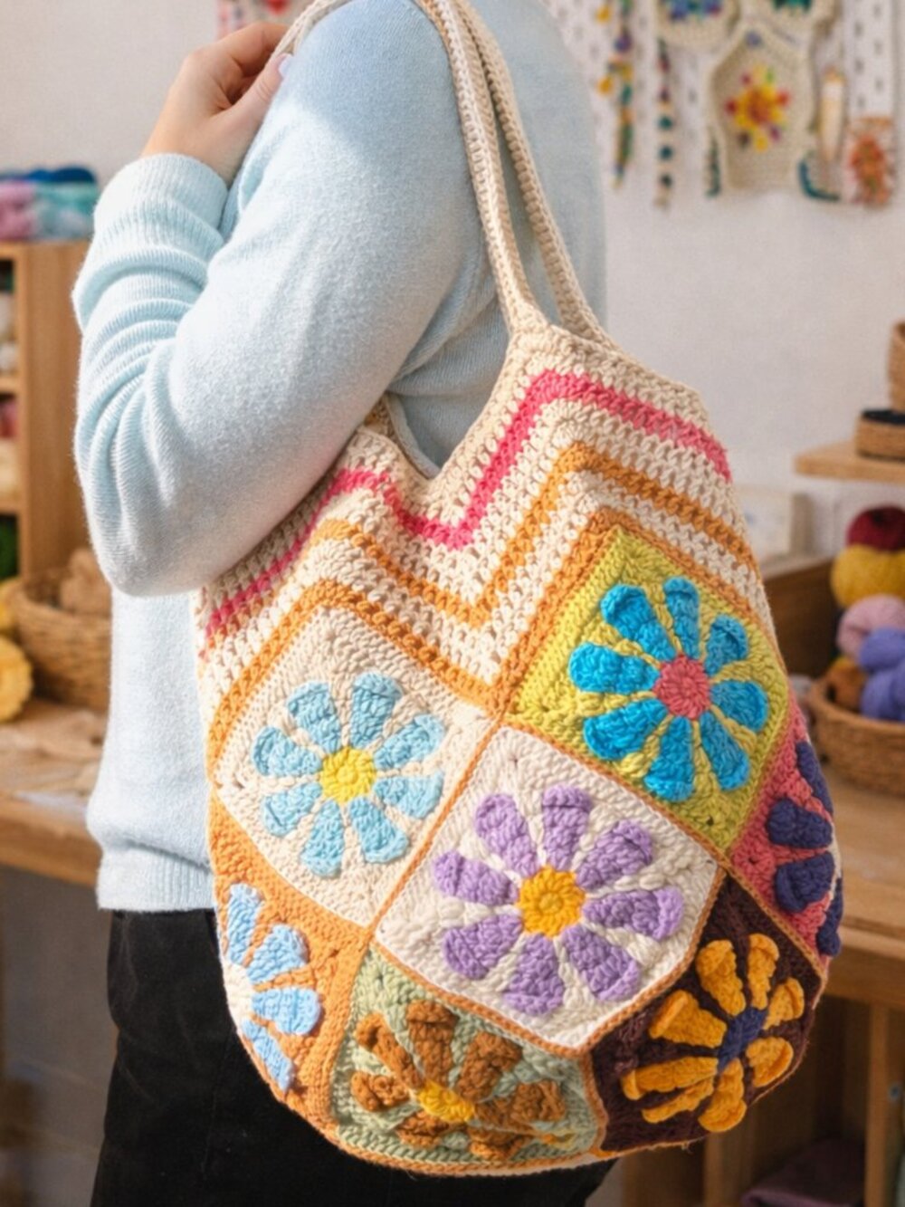 Handmade Daisy Patchwork 12 Patches Crochet Bag